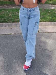 美式休闲基本款洗水多口袋工装牛仔裤 - 淺色水洗藍 - 查看 4