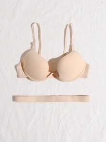 Women's Casual Beige Backless Push Up Bra With Slight Stretch Fabric - Beige - View 3