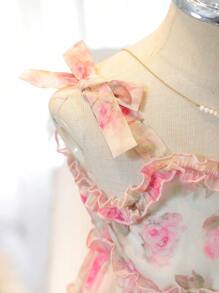 SHEIN Glamorique Kids Young Girl Elegant Summer Floral Digital Print Chiffon Dress With Spaghetti Strap & Bow Decor, Fashion Cake Dress - Pink - View 4