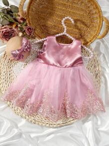 2pcs Champagne Newborn Photography Clothing Set, Baby Girls' Princess Embroidered Mesh Dress, Bowknot Lace Princess Skirt For Photo Shoot - Dusty Pink - View 3