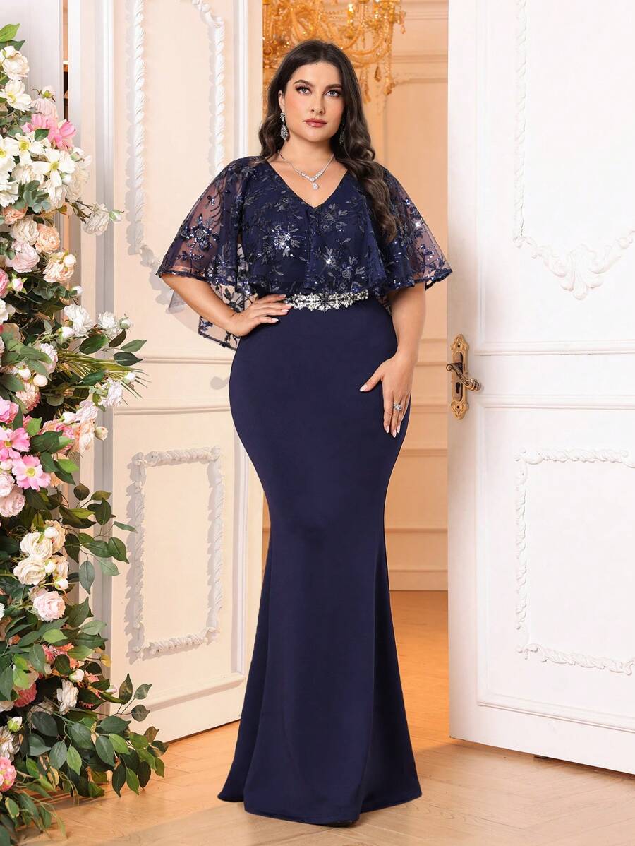 SHEIN Belle Vestido de madre de estilo sirena elegante azul marino talla grande, con detalles de lentejuelas lujosos en telas elásticas, escote en V, mangas tipo capa y perfecto para ocasiones formales. - Azul Marino - Ver 1
