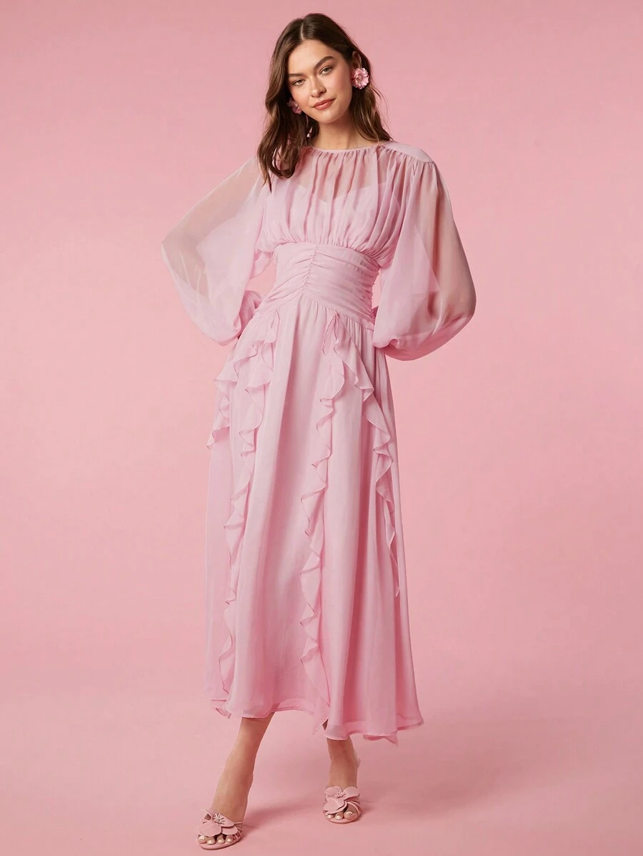 Enchnt Summer Holiday Romantic Elegant Ruffle Trim Lantern Sleeve Ruched Waist Pink Dress