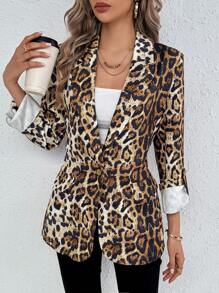 SHEIN Clasi Leopard Print Roll Tab Sleeve Blazer