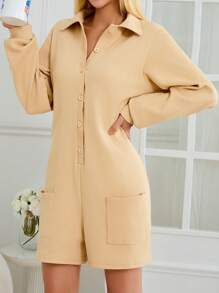 RueChic Women Buttons And Collar Detail Short Lounge Jumpsuit - Beige - View 4