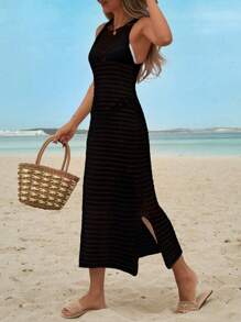 EURMUSE Slit Side Sweater Cover Up Dress, For Summer Beach Vacation - Black - View 2