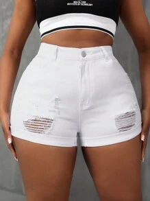 SHEIN SXY 大尺碼白色破洞牛仔高彈性捲邊短褲
