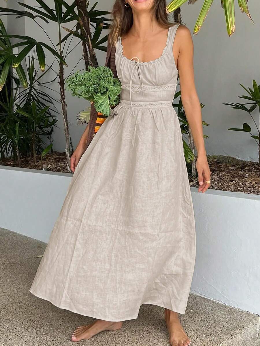 SHEIN Essnce Váy dài nữ có eo thắt và cổ áo choàng, Bộ sưu tập mới mùa xuân và mùa thu Váy Hawaii Váy mùa hè cho nữ Váy bồng bềnh - Màu be - Xem 1