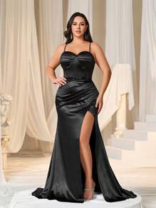 Faeriesty 加大褶皱胸围露背系带开叉大腿缎面正式婚礼派对礼服黑色优雅舞会晚会婚礼宾客礼服，适合毕业典礼、晚宴 - 黑色 - 查看 5