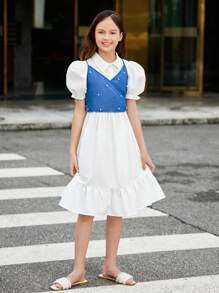 Váy thắt lưng màu trắng thanh lịch cho bé gái Tween với áo ba lỗ denim và bộ xếp lớp đính cườm - trắng - Xem 4