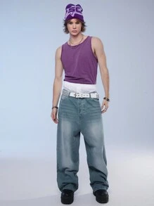 Manfinity Denimwave Men's Denim Knitted Round Neck Tank Top - Purple - View 3