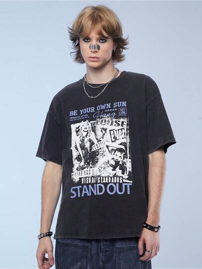 Manfinity Denimwave Men's Casual Printed Short Sleeve Denim Knitted T-Shirt, Summer