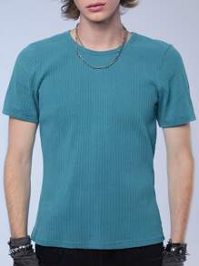 Manfinity Roghcode Men's Casual Solid Color Short Sleeve T-Shirt, Summer - Cadet Blue - View 1