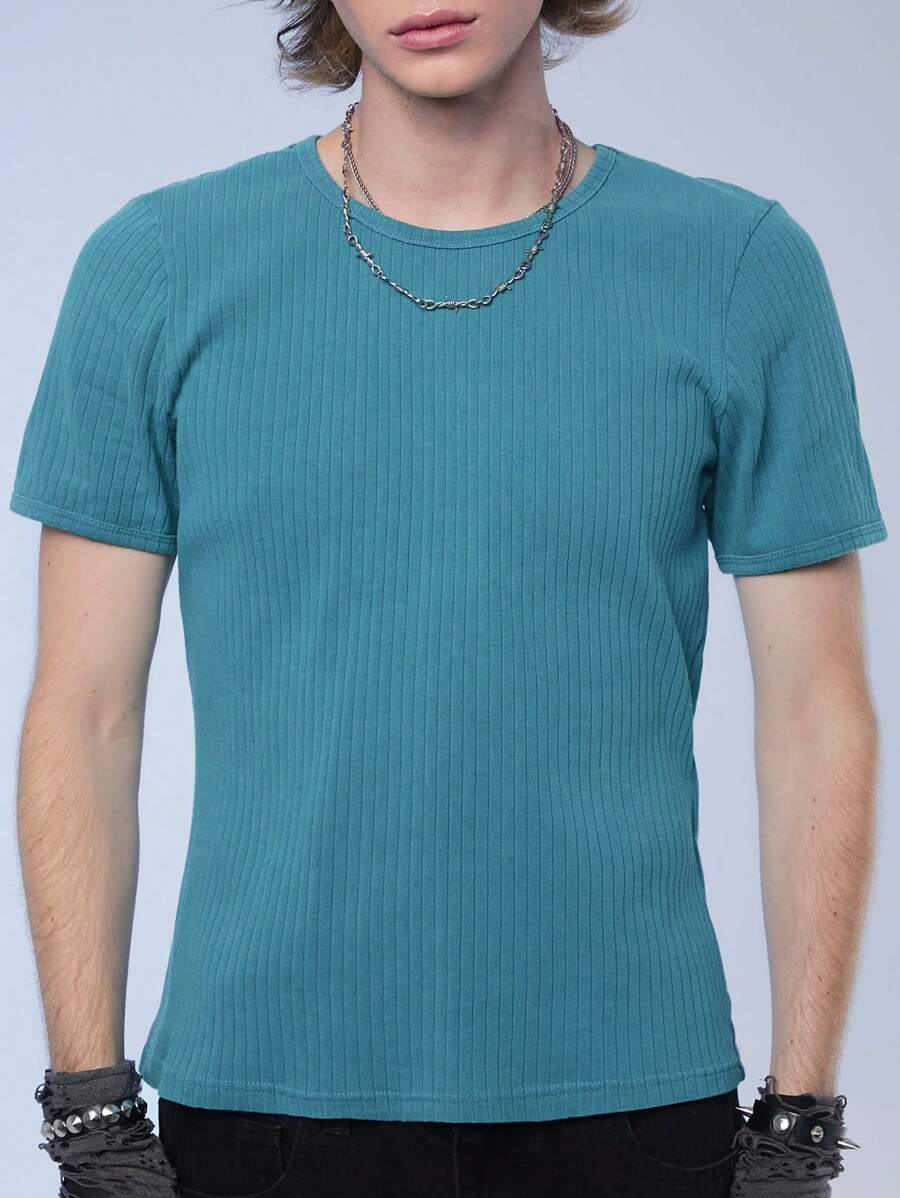 Manfinity Roghcode Men's Casual Solid Color Short Sleeve T-Shirt, Summer - Cadet Blue - View 1