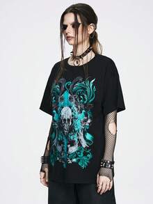 ROMWE Goth Halloween Totenkopf & Kreuz Oversized Distressed Snow Wash T-Shirt für Frauen - Schwarz - Übersicht 3