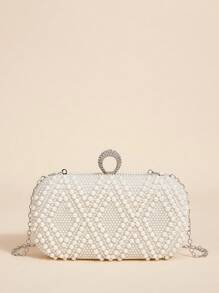 SHEIN Belle 女士、女士、新娘、伴娘、婚礼嘉宾、蜜月、婚礼、新娘送礼会、晚装包 优雅、珍珠 - 米色 - 查看 3