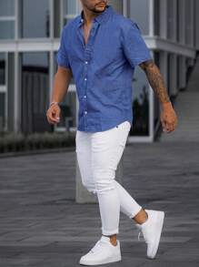 Men's Solid Color Short Sleeve Casual Comfortable Shirt, Summer - Royal Blue - View 4