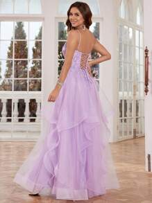 Luxury Lace Prom Dresses Long With Puffy Hem 3D Flower Rhinestone, Spaghetti Strap Tulle Ball Gown Hand Beading V Neck Formal Evening Gowns Lace Up Back Homecoming Dresses Elegant Wedding Guest Dress, For Graduation, Dinner Party Dress, For Valentine's Day - Lilac Purple - View 3
