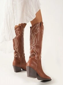 New Embroidered Pointed Toe High-Cut Western Women's Boots, Perfect With Sweater, Cowboy Boot - Brown - View 4