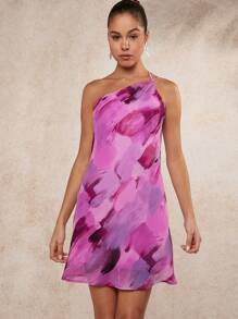 L'Amorae Brush Print Draped Open Back Dress - Violet Purple - View 2