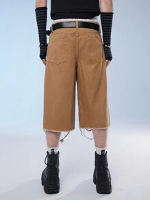 Manfinity Roghcode 男士低腰寬腳磨破丹寧短褲，帶破損邊緣和口袋，街頭風格 - 棕色 - 查看 2