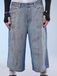 Manfinity Denimwave Men's Baggy Wide Leg Denim Shorts With Pockets, 3/4 Length, Casual Streetwear - Light Wash - View 4