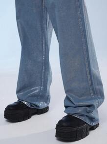 Manfinity Roghcode Men's Baggy Wide Leg Casual Jeans With Pockets, Streetwear - Light Wash - View 6