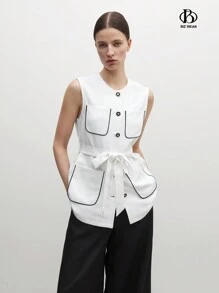 BizChic 女士休闲拼色前纽扣背心，配有口袋和撞色饰边，秋季女装 - 白色 - 查看 5