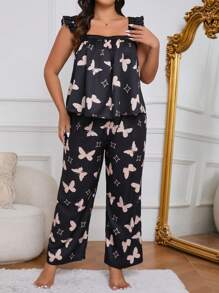 Große Größen- Pyjama Set mit Schmetterling Muster, Quadratisch-Ausschnitt und Spitzenverzierung