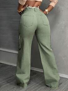 SHEIN Slayr 女裝高腰直筒拼接丹寧牛仔褲，磨邊口袋設計 - 綠色 - 查看 2