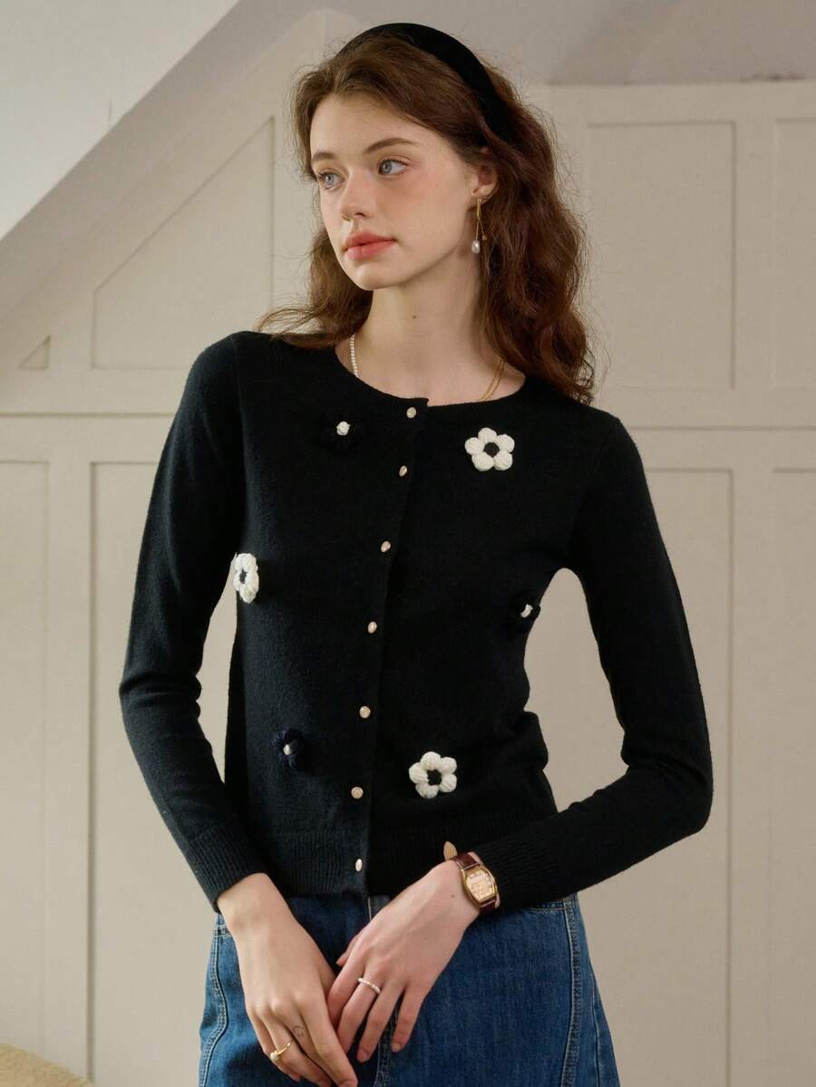 Simple Retro Cárdigan de mujer con bloqueo de color y bordado floral, primavera/otoño