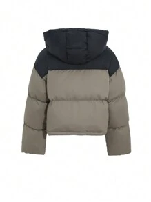 DAZY Abrigo corto acolchado con capucha y bloques de color para mujer, ropa de invierno, ropa de invierno para mujer, abrigo acolchado chaqueta para mujer escuela - Verde Oliva - Ver 5