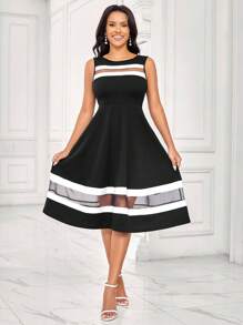 SHEIN Lady Women's Sleeveless Black And White  Color Block A-Line Dress Women Vintage Clothes Teacher Dress   Women Dresses - Multicolor - View 6