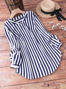 SHEIN LUNE Camisa de manga larga sencilla impresa con rayas para mujer de talla grande para uso diario - Azul Marino - Ver 1
