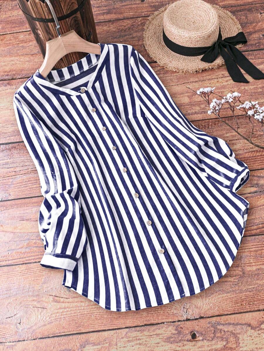 SHEIN LUNE Camisa de manga larga sencilla impresa con rayas para mujer de talla grande para uso diario - Azul Marino - Ver 1