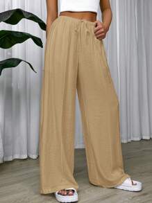 SHEIN EZwear Drawstring Waist Wide Leg Pants - Khaki - View 4