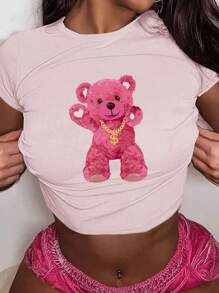 Slaydiva Maglietta casual rosa a maniche corte e aderente con motivo di orso cartone animato per le donne, estate - Rosa Baby - Visualizzare 1
