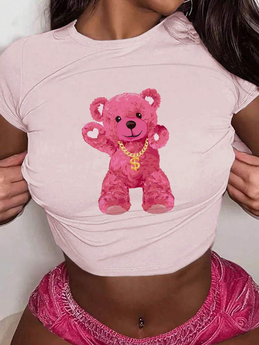 Slaydiva Maglietta casual rosa a maniche corte e aderente con motivo di orso cartone animato per le donne, estate - Rosa Baby - Visualizzare 1