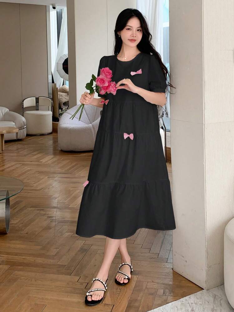 Women's Cute Bow Decor High Waist Short Sleeve Summer Dress,Ruffle Maxi Dress