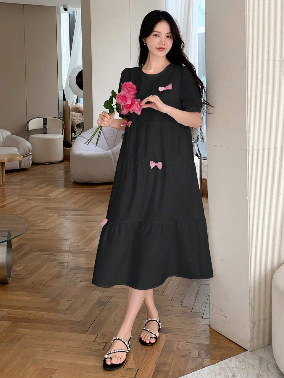 Women's Cute Bow Decor High Waist Short Sleeve Summer Dress,Ruffle Maxi Dress