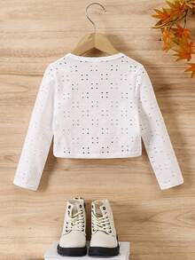 年輕女孩針織空心實色長袖短款開襟衫 - 白色 - 查看 8