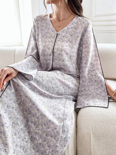 Al Najma 碎花印花 V 领长袖阿拉伯朴素连衣裙