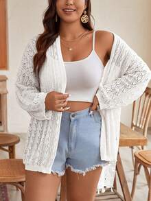 SHEIN Frenchy 大碼露空長袖夏日假日開衫 - 白色 - 查看 2