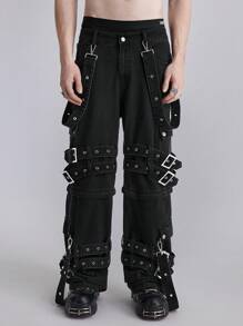 ROMWE MEN Grunge Punk Punk Style Detachable Overalls Men's Jeans - Black - View 1