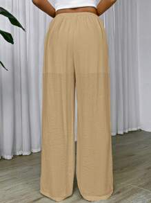 SHEIN EZwear Drawstring Waist Wide Leg Pants - Khaki - View 2