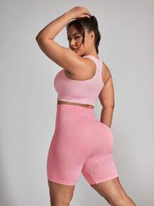 Easithlete Plus Size Women's High Waist Shorts And Sports Bra Set - Pink - View 2