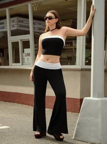 Forever 21 复古学院宽边拼色高弹力修身喇叭裤配紧身裹胸上衣，大码女式 2 件套 - 黑與白 - 查看 8