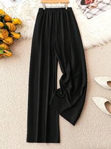 Linhara Plus Size Women's Solid Color Wide Leg Loose Casual Pants With Waist Tie And Pockets Fall Cloth For Women - Black - View 2