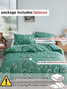 3pcs Plum Blossom Pattern Polyester Printed Duvet Cover Set, Ink Painting Style Bedding Set Pillowcase+Duvet Cover, Suitable For All Seasons - Pastel Green - View 4