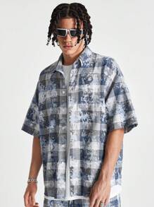 Manfinity NXTstreet Men's Loose Short Sleeve Plaid Shirt, Suitable For Summer - Blue - View 1