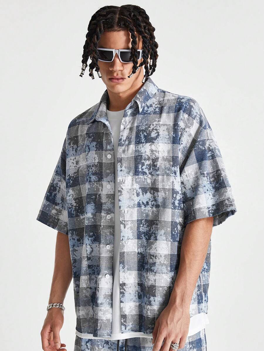 Manfinity NXTstreet Men's Loose Short Sleeve Plaid Shirt, Suitable For Summer - Blue - View 1